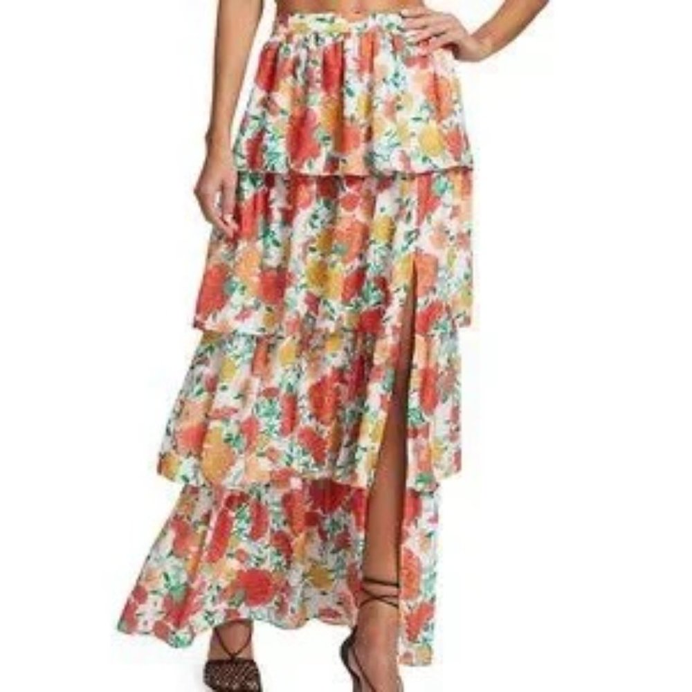 Wayf Floral Tiered Maxi Skirt Red Orange Romantic Feminine Size S